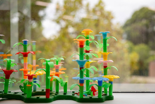 Colorful building toy on windowsill in therapy room – Speech Pathology Ashfield.