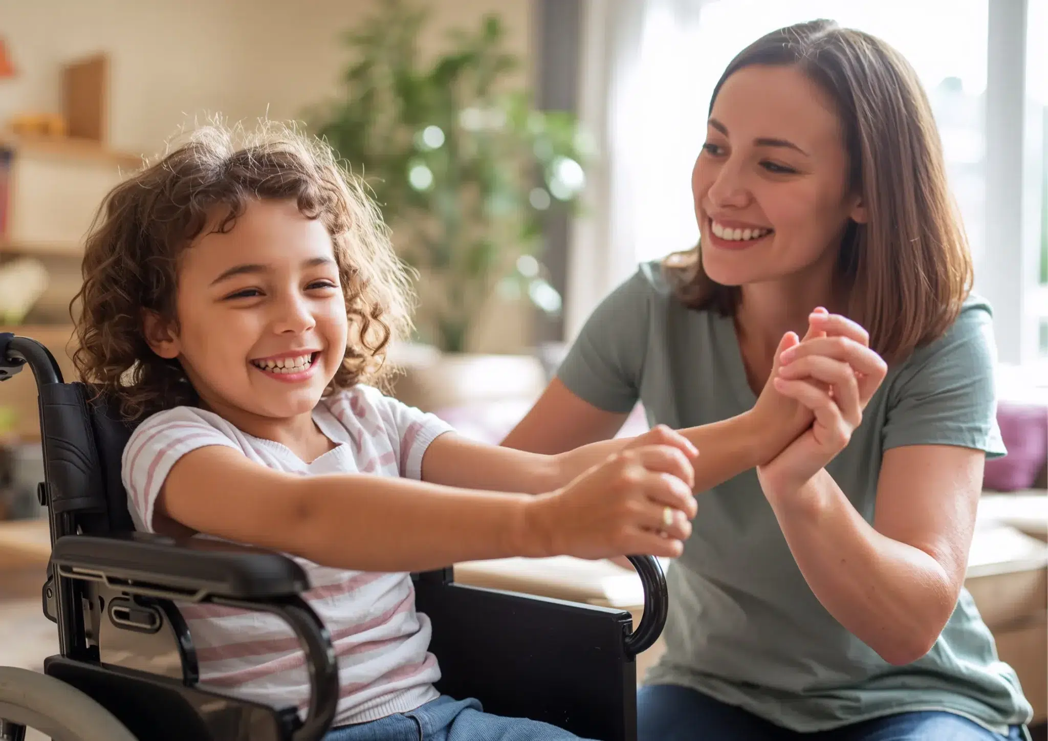 smiling speech pathologist providing personalised speech therapy to a child with cerebral palsy