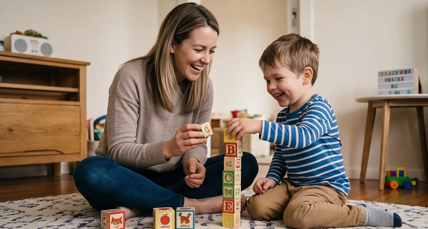 A smiling parent and young child playing with blocks during a supportive home speech therapy session, illustrating a positive and affirming approach to the Lidcombe Program