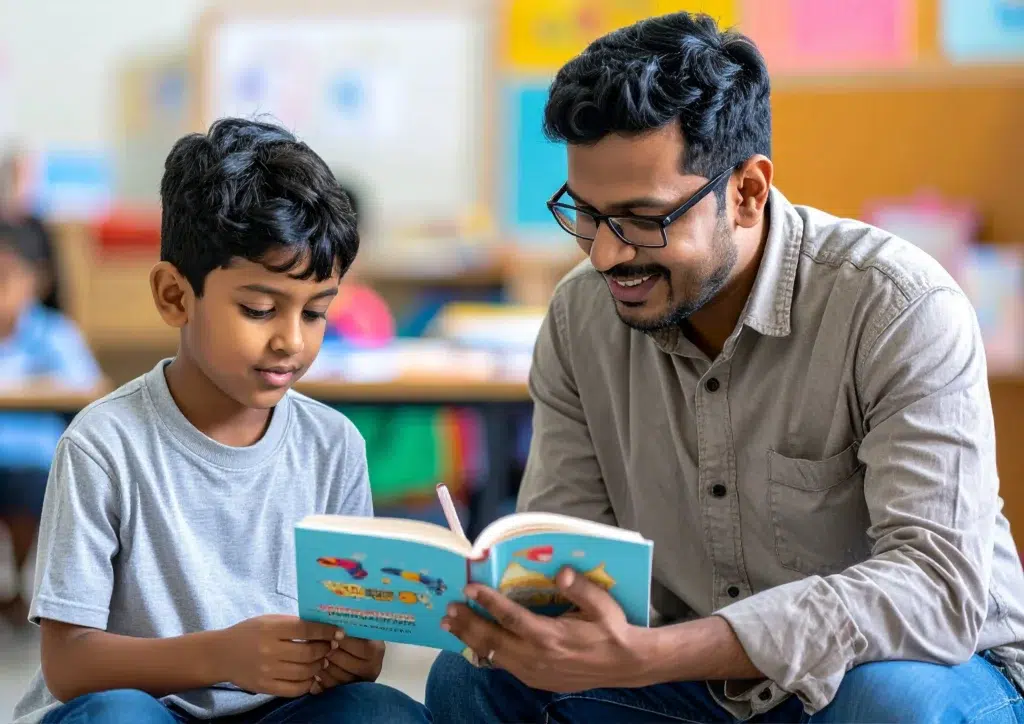 Speech-pathologist-reading-a-book-with-a-child-with-hyperlexia-during-a-therapy-session