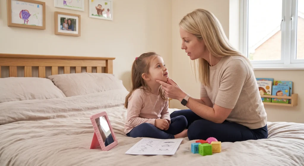 Mum guiding a daughter's jaw placement for cleft palate articulation practice.