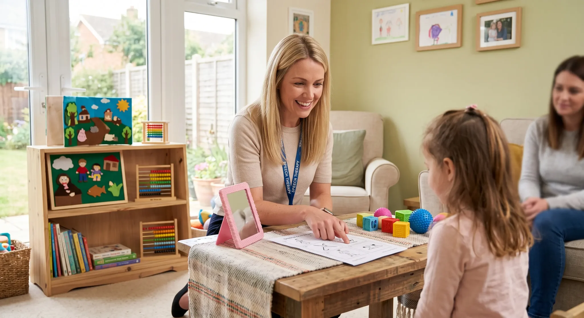 Speech therapist pointing to a worksheet during a cleft palate speech session with a young girl.